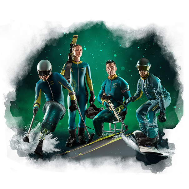 Four Australian Paralympic winter athletes in green and gold team uniforms posed together against a dark teal background with dramatic lighting